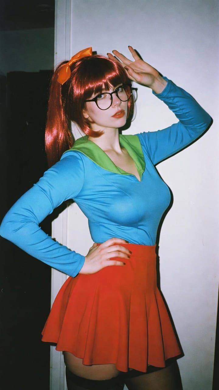 Woman in Velma-inspired cosplay posing indoors