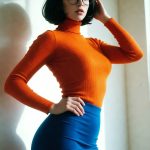 Woman in orange sweater and blue skirt posing