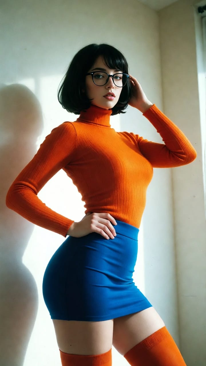 Woman in orange sweater and blue skirt posing