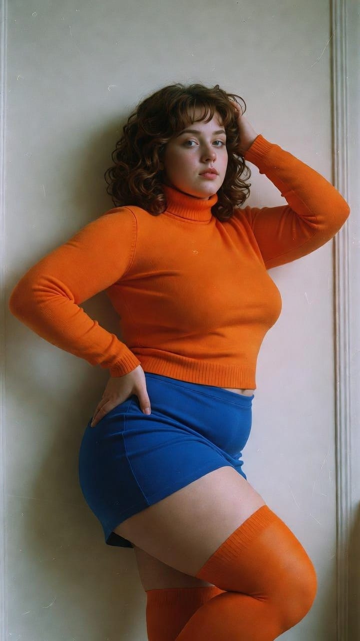 Woman in orange sweater and blue skirt posing