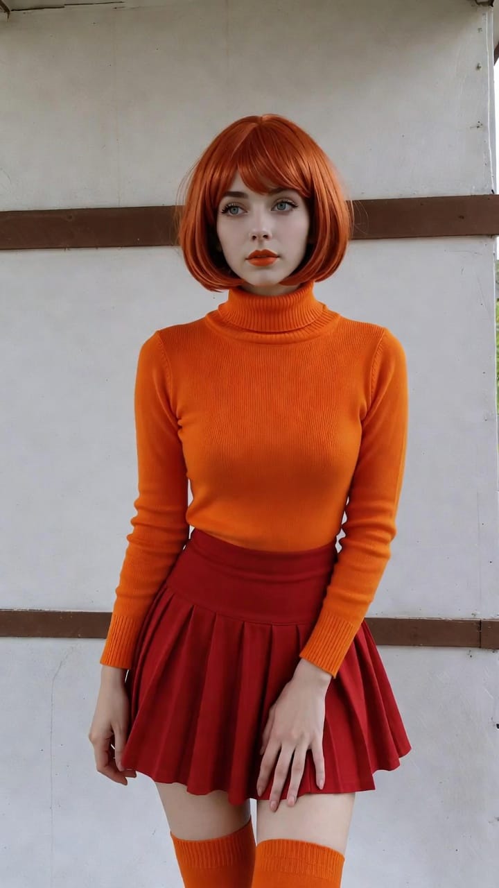 Woman with red bob wearing orange sweater and skirt