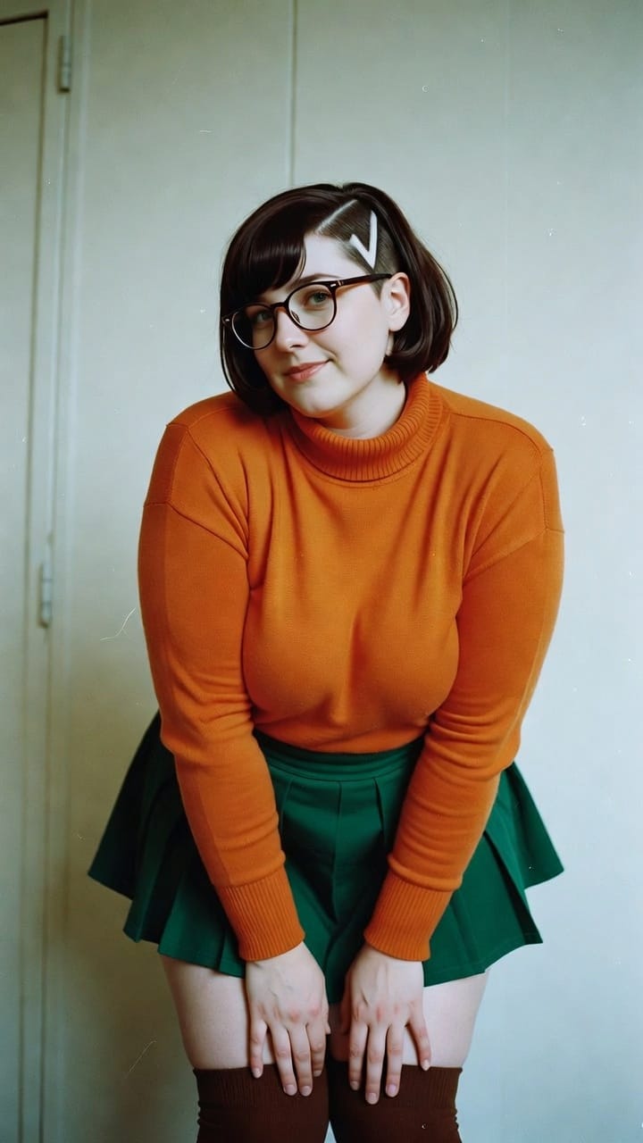 Person in orange sweater and green skirt indoors