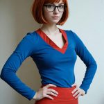 Woman with red bob and glasses posing indoors