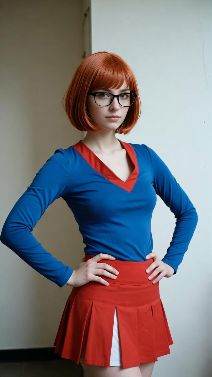 Woman with red bob and glasses posing indoors