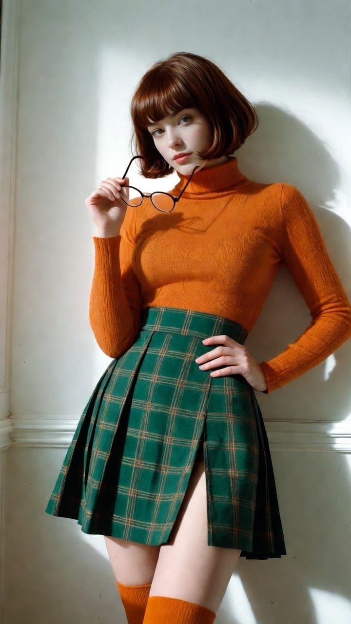 Woman in orange turtleneck and plaid skirt