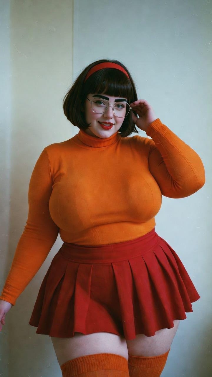 Woman in orange sweater and red skirt posing