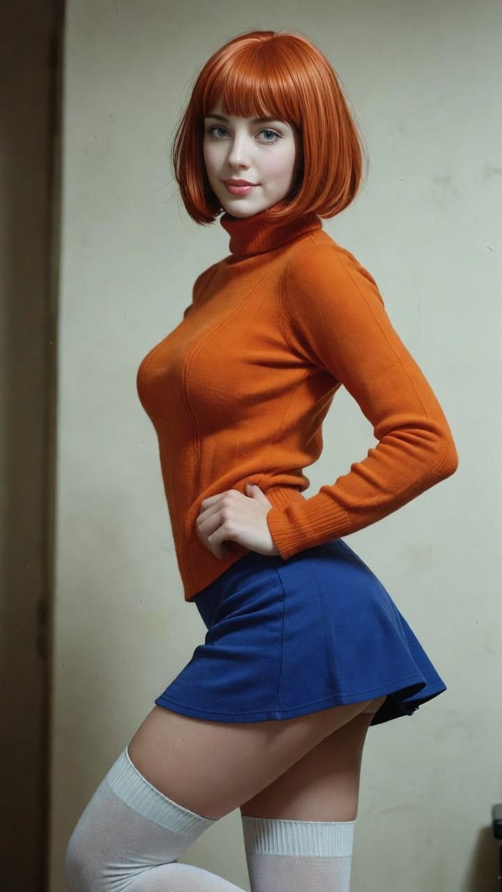 Woman with red bob in orange sweater and skirt