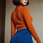 Woman in orange sweater and blue skirt
