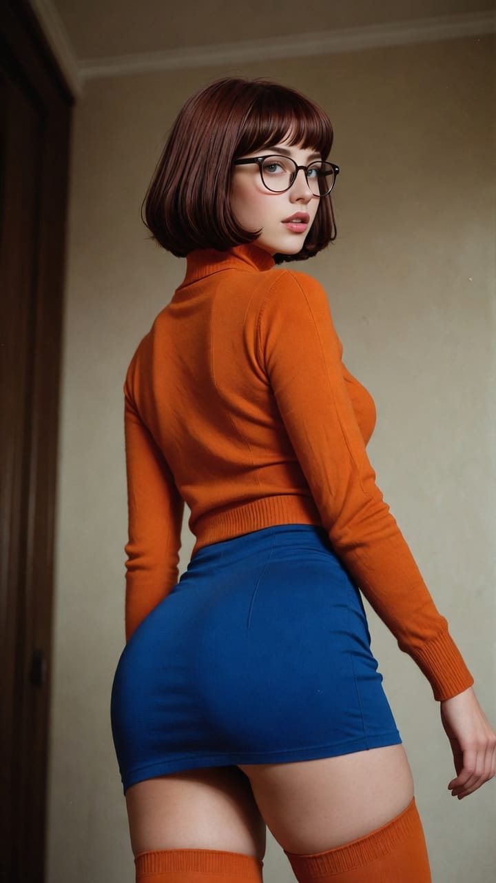 Woman in orange sweater and blue skirt