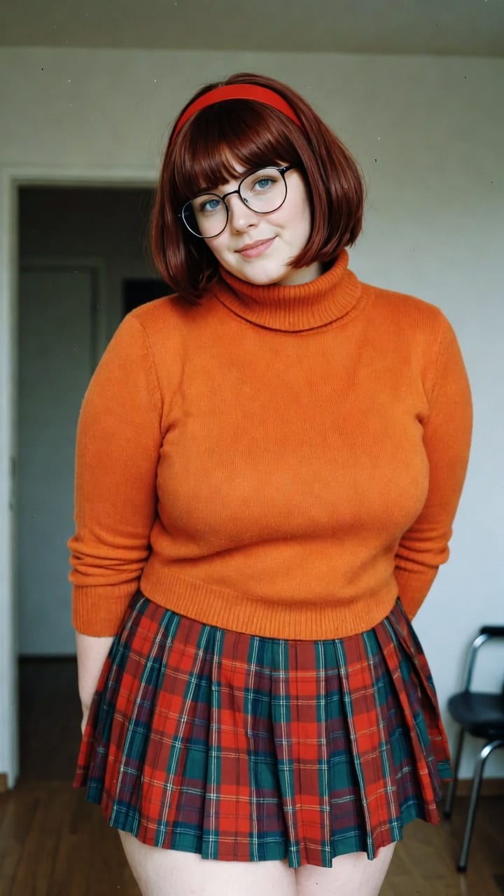 Woman in orange sweater and plaid skirt indoors