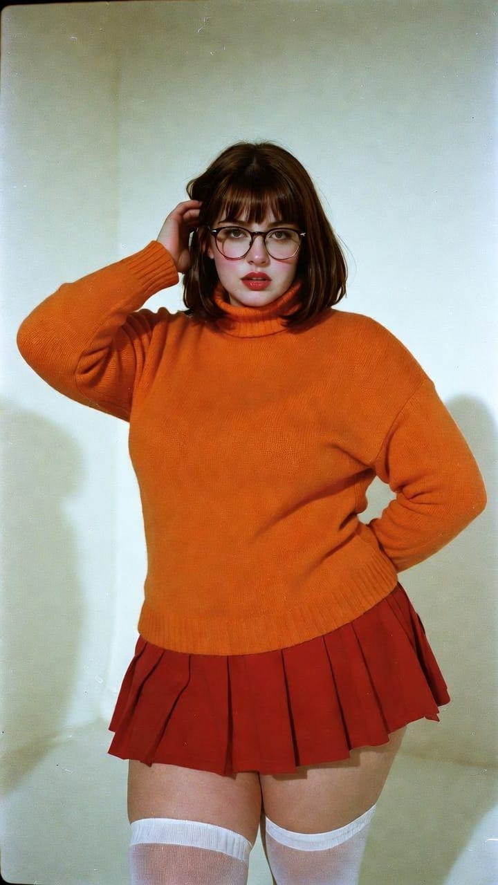 Woman in orange sweater and red skirt posing