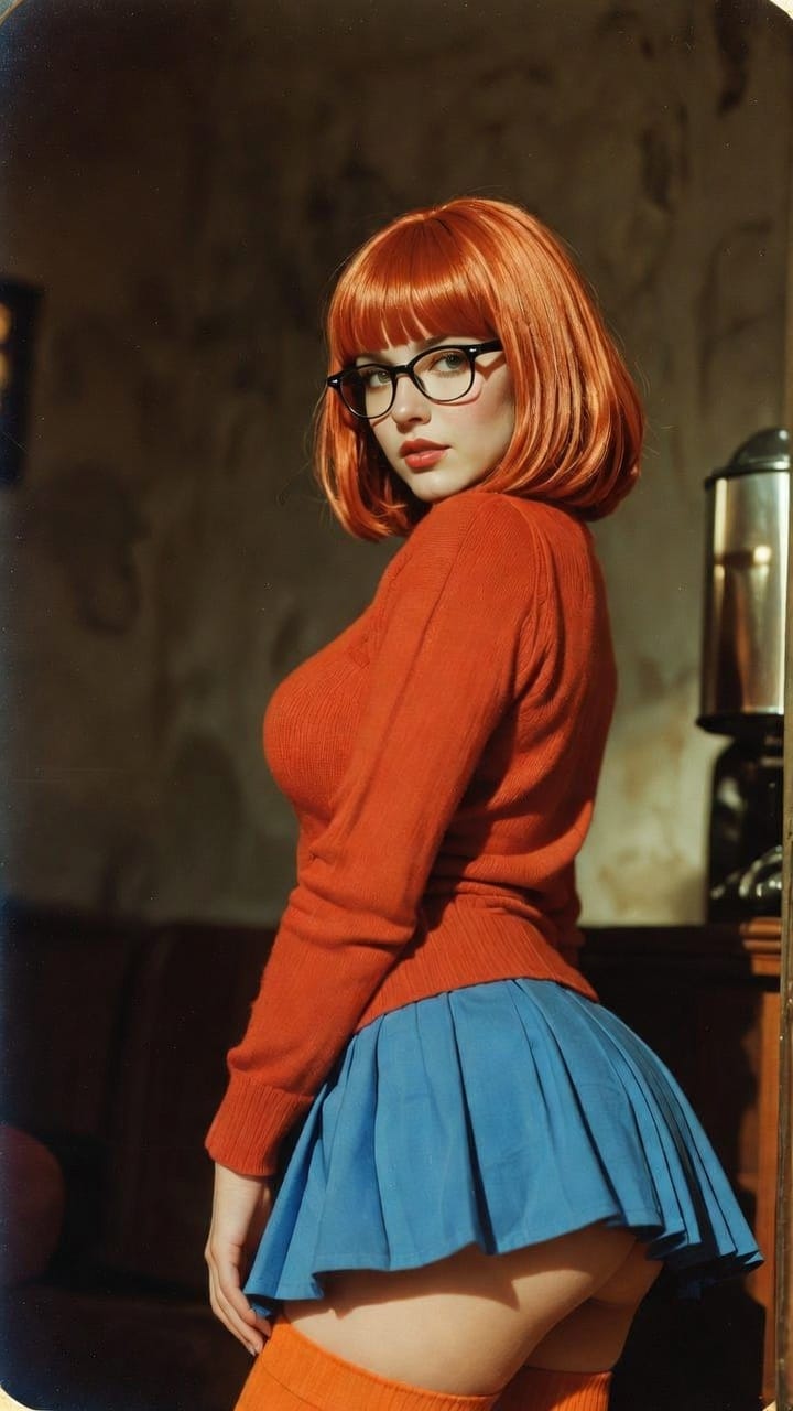 Woman with red bob haircut and glasses indoors