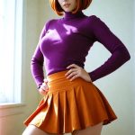 Woman in purple top and orange skirt posing