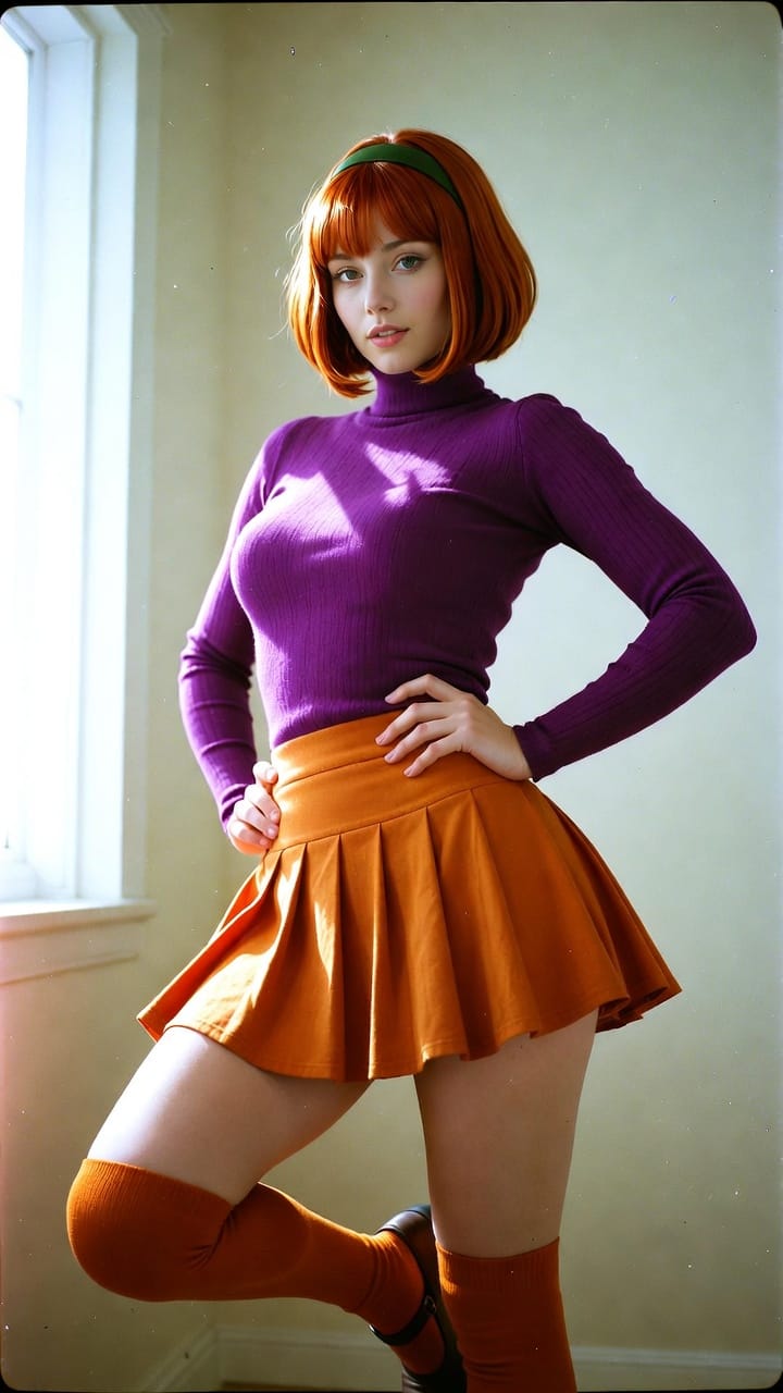 Woman in purple top and orange skirt posing