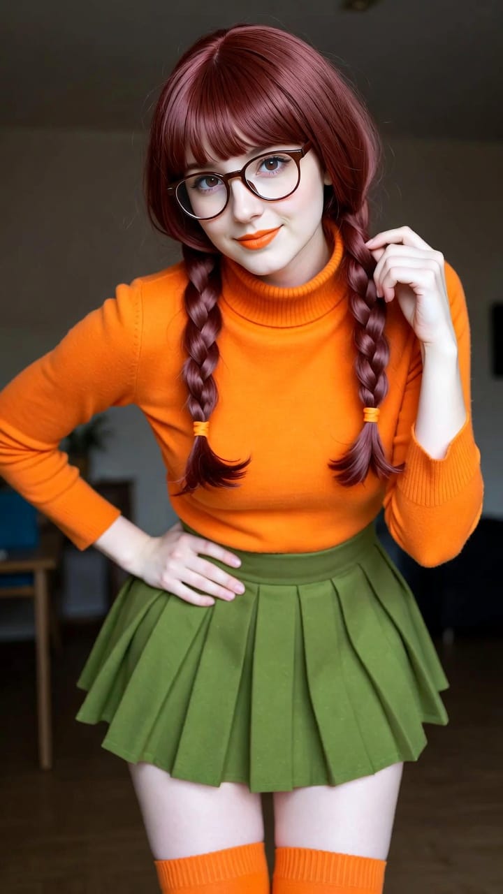 Woman in orange sweater and green skirt indoors