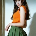 Woman in orange top and green skirt posing