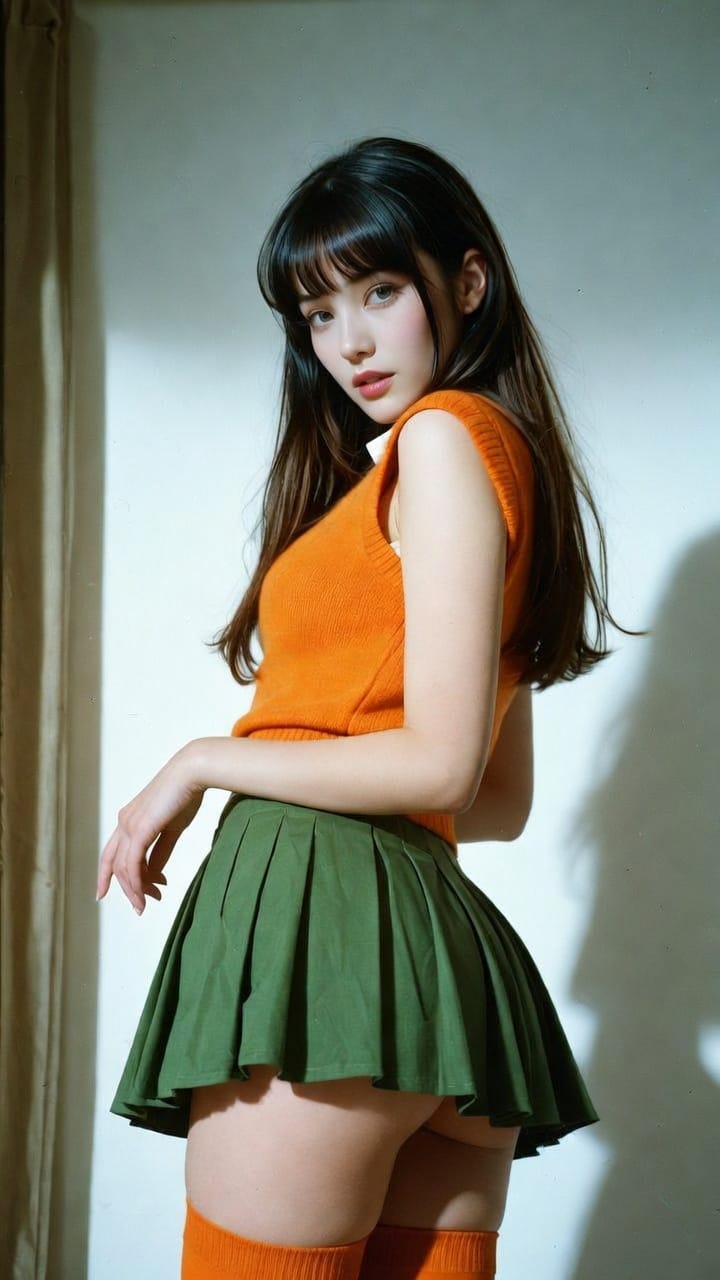 Woman in orange top and green skirt posing