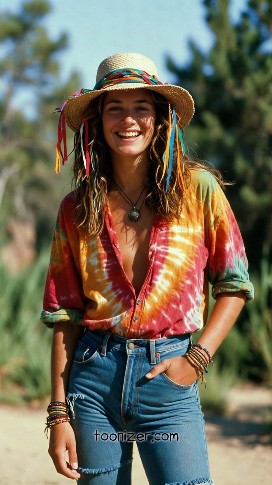 Smiling woman in colorful outfit outdoors