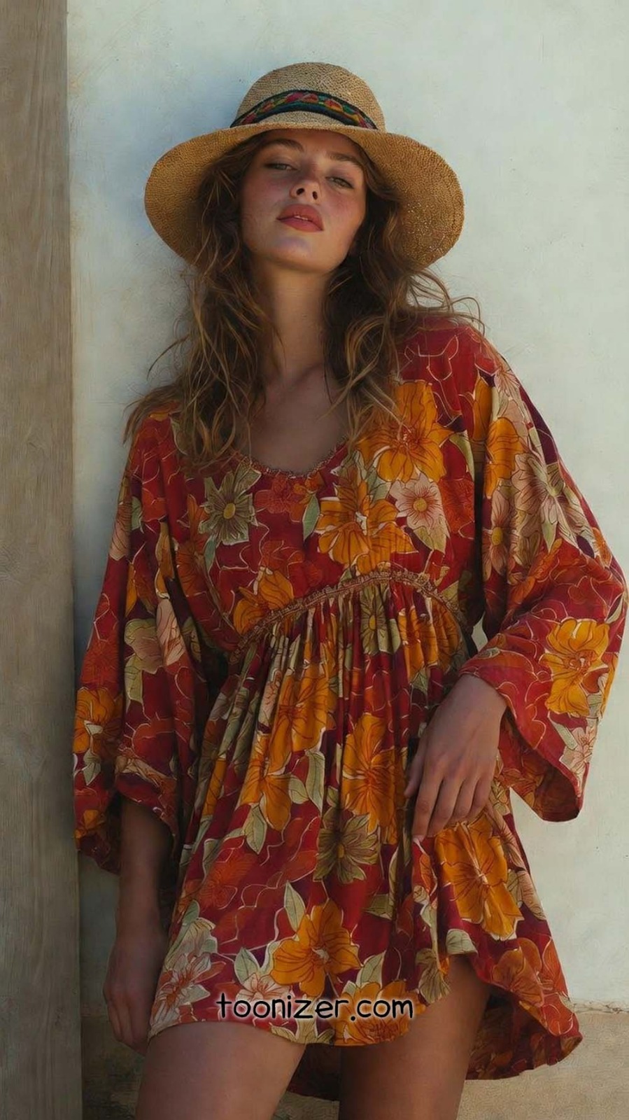 Woman in floral dress and straw hat
