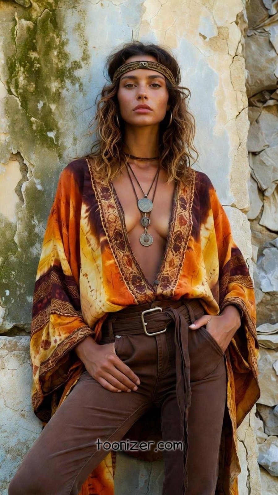Woman in bohemian attire with stone background