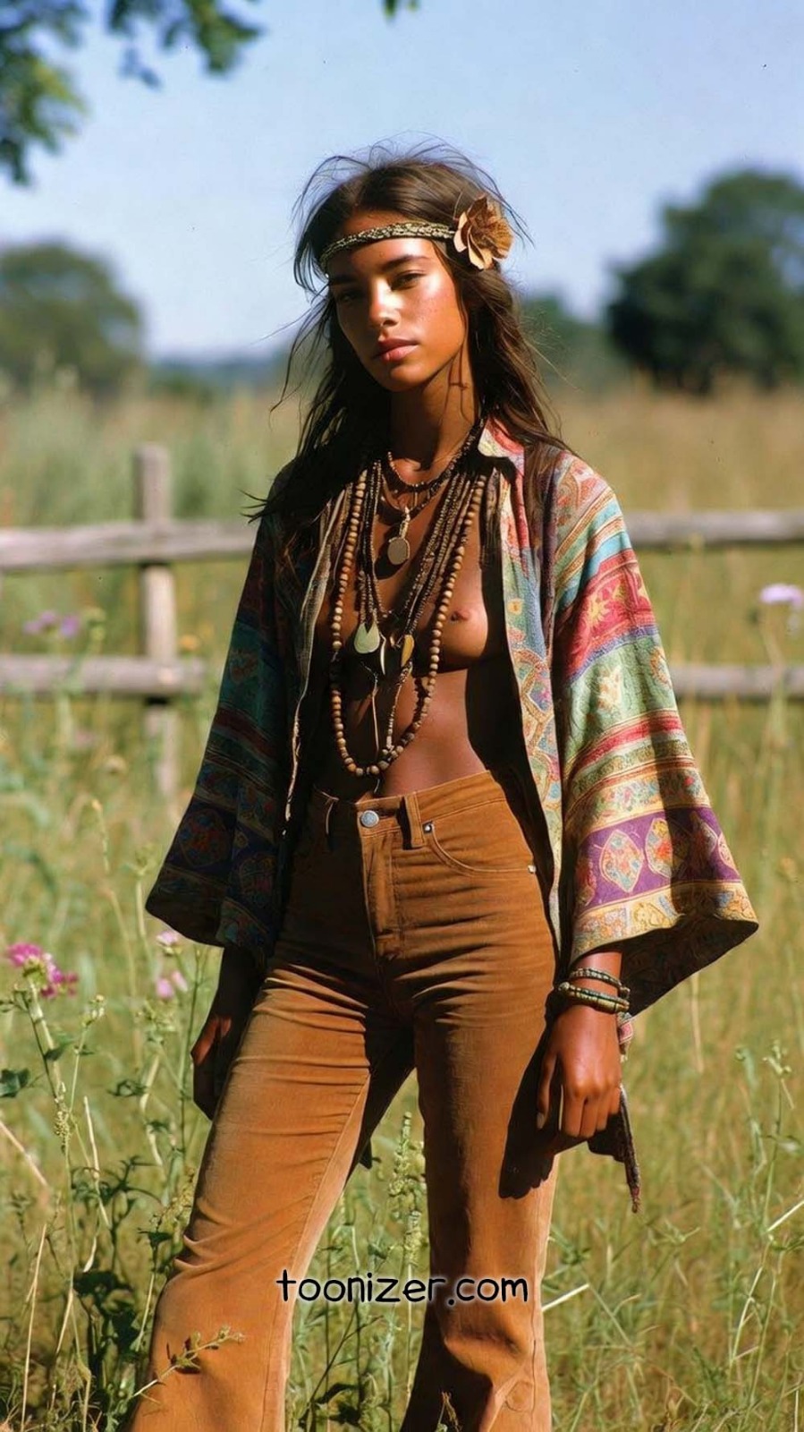 Woman wearing bohemian style clothes outdoors