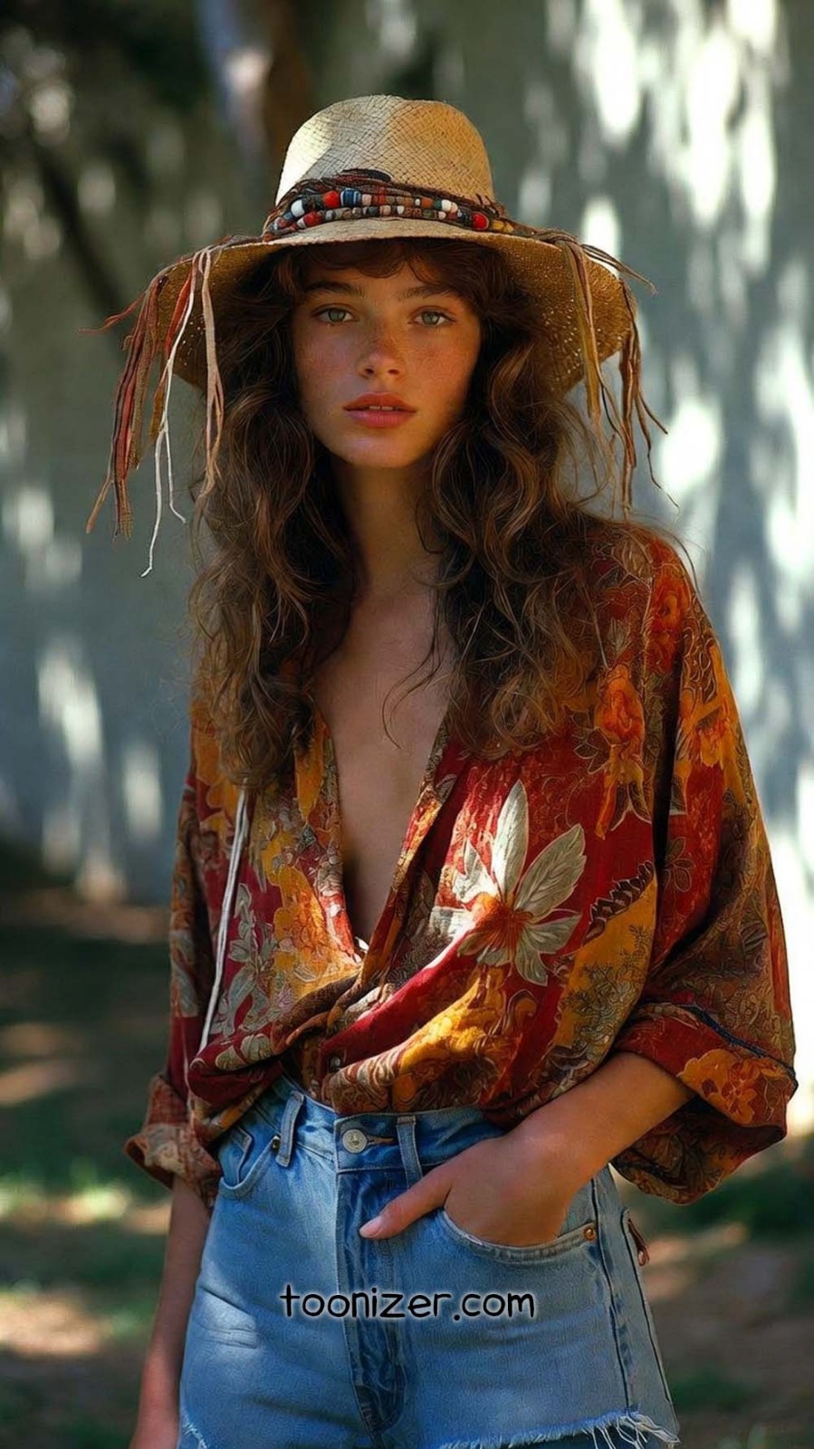 Woman in floral shirt and hat outdoors