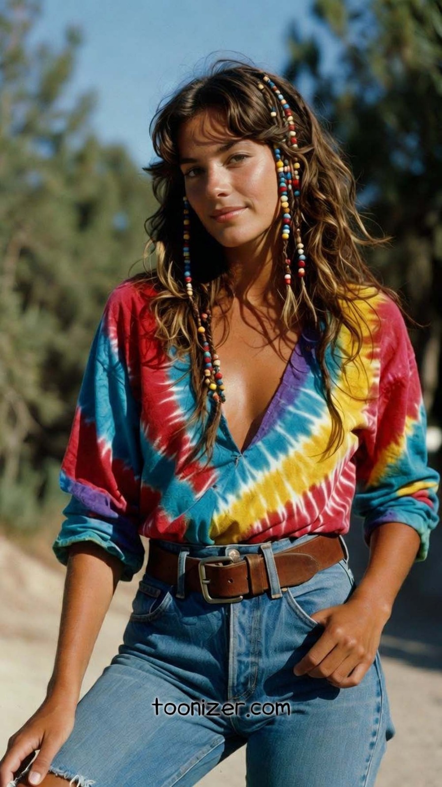 Woman in tie-dye shirt with beaded hair