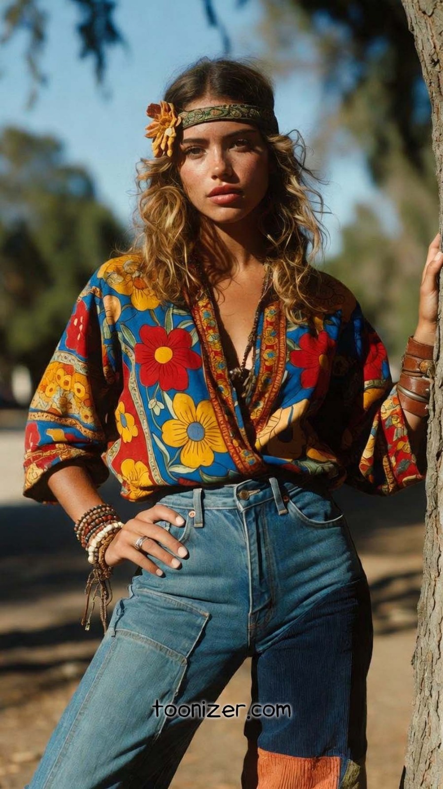 Woman in colorful floral top outdoors
