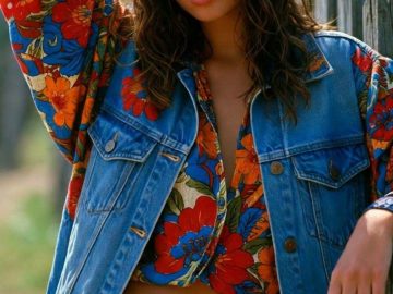 Woman in floral shirt and denim vest