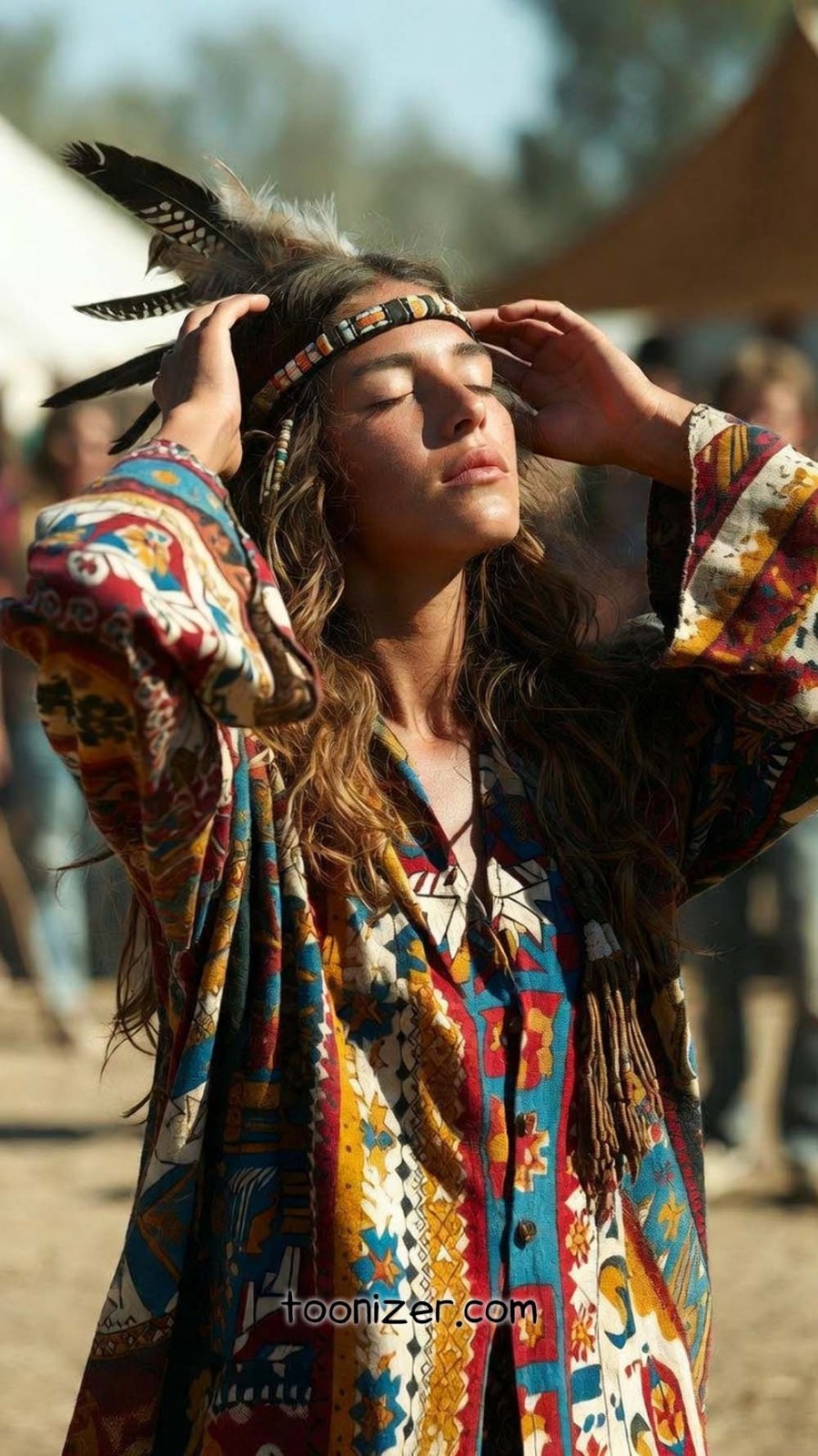 Person in colorful robe with feathered headband