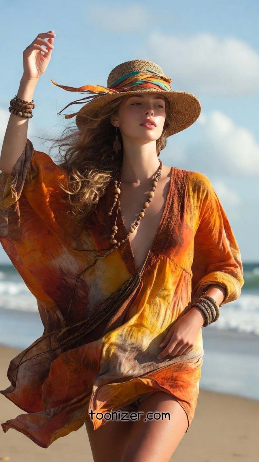 Woman in colorful dress on beach
