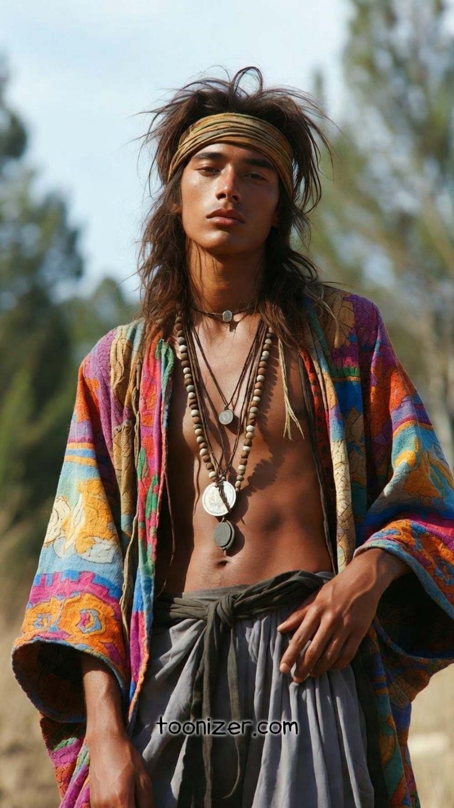 Person in colorful bohemian attire outdoors