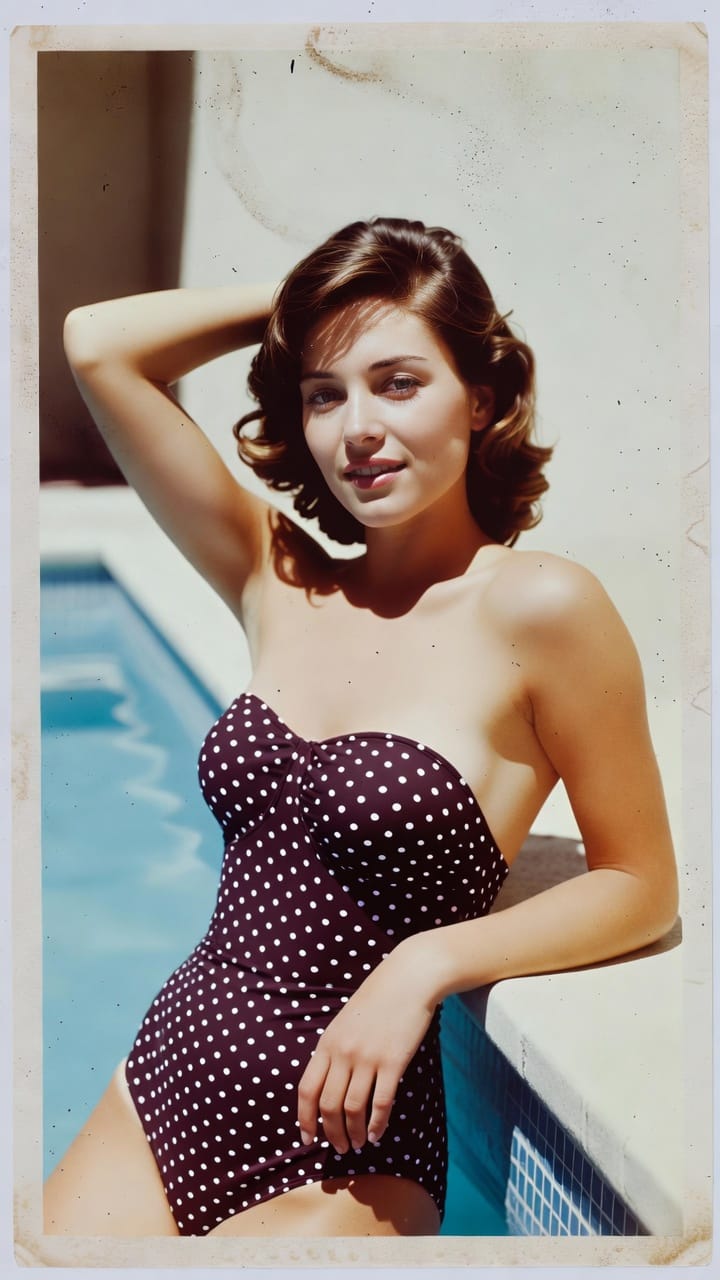 Woman in polka dot swimsuit by pool