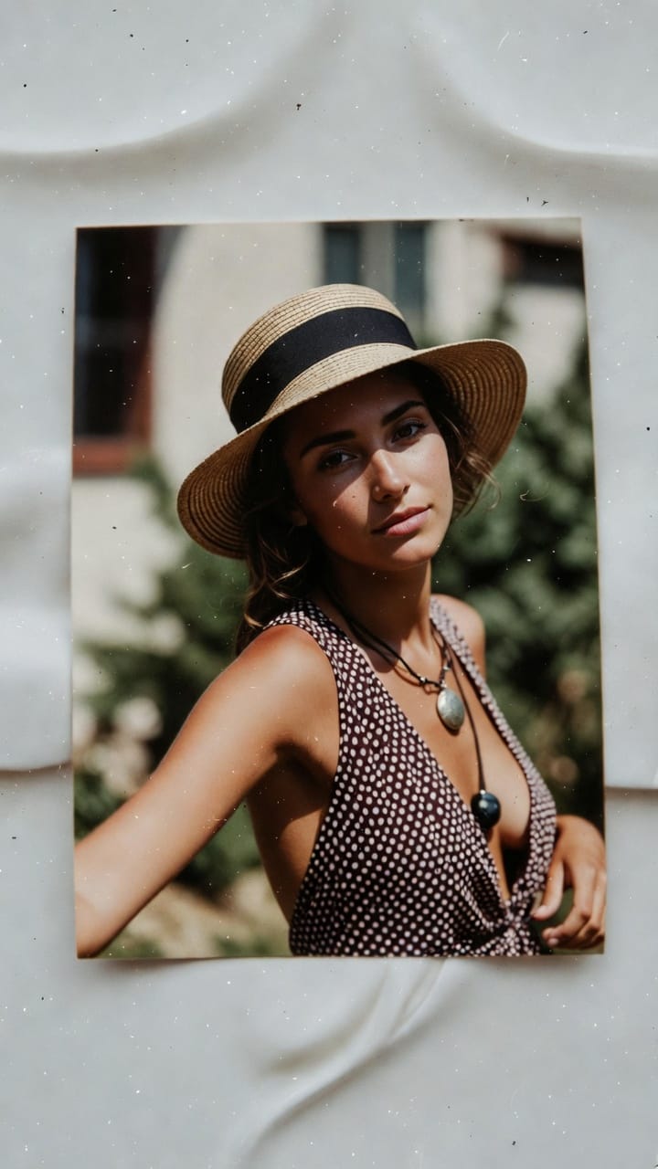 Woman in straw hat and polka dot dress