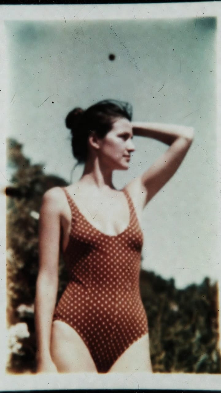 Woman in polka dot swimsuit outdoors