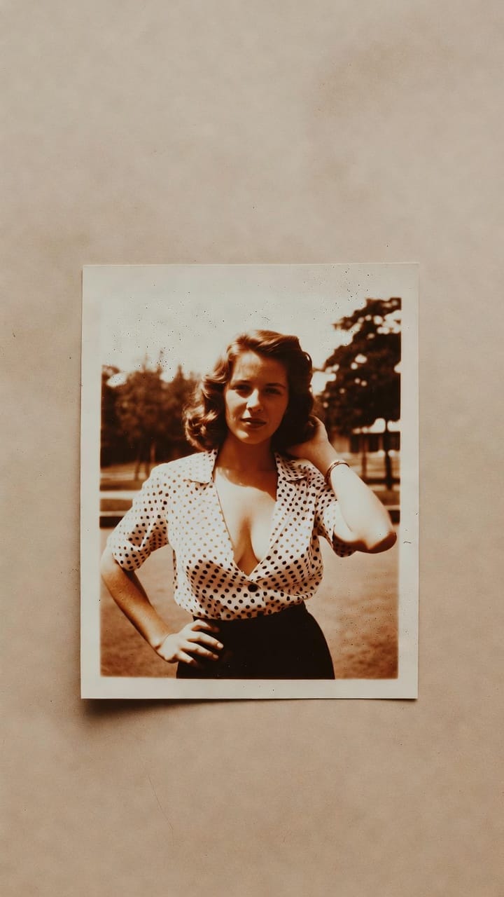 Vintage sepia portrait of woman in polka dot blouse