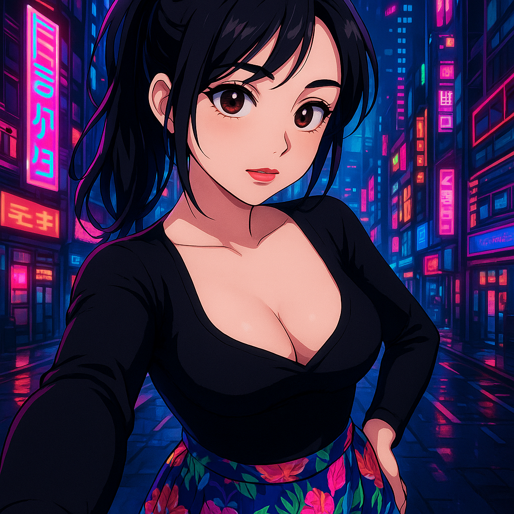 Anime woman in neon-lit city at night