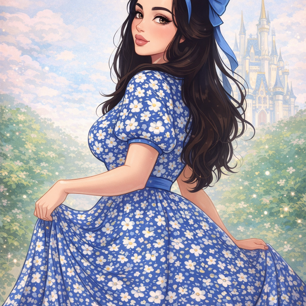 Woman in blue floral dress before castle