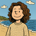 Smiling cartoon person with curly hair at beach