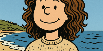 Smiling cartoon person with curly hair at beach