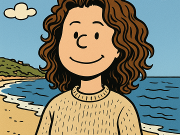 Smiling cartoon person with curly hair at beach
