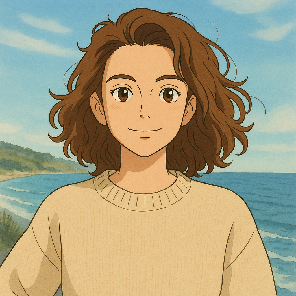 Anime girl smiling by the ocean coast