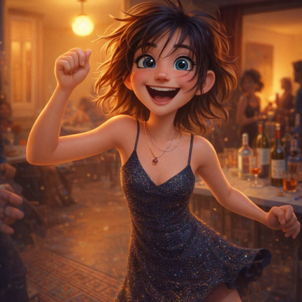 Animated woman dancing at a lively party
