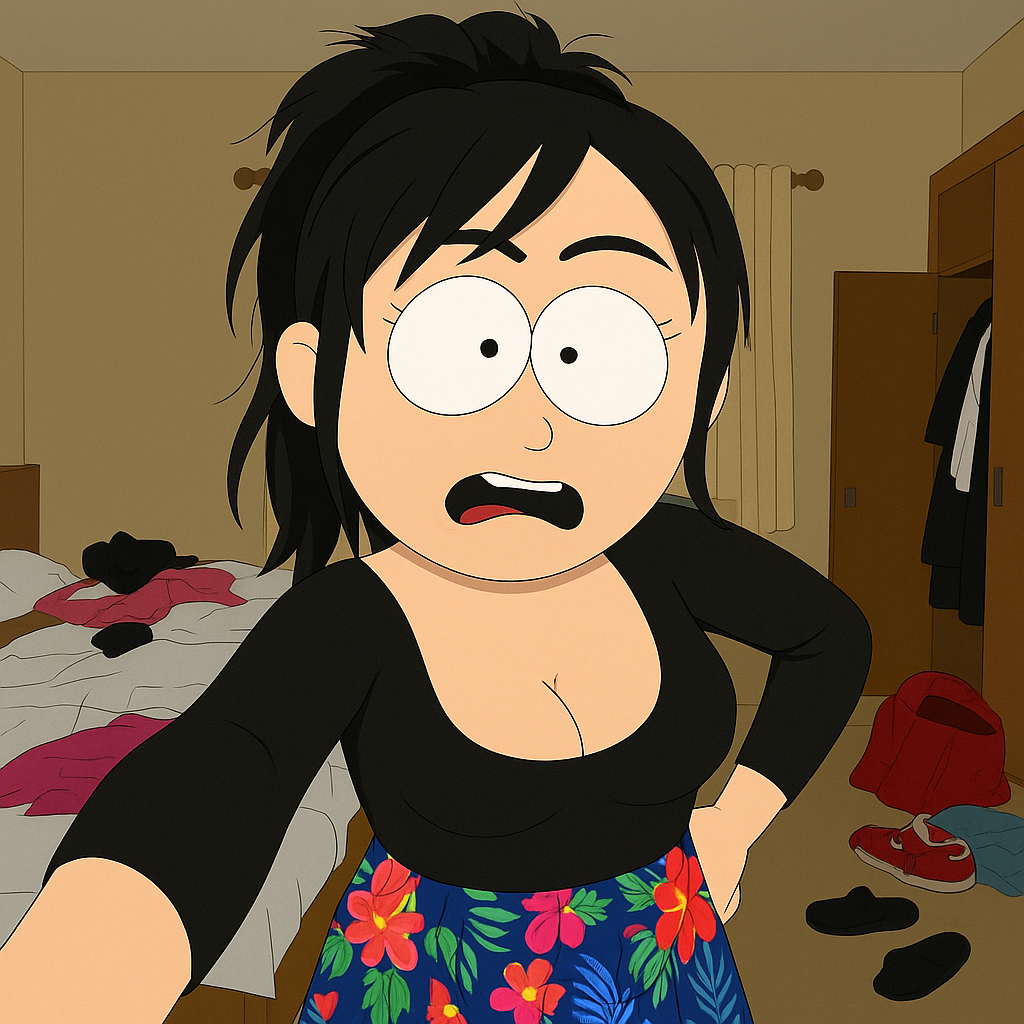 Surprised cartoon woman in messy bedroom