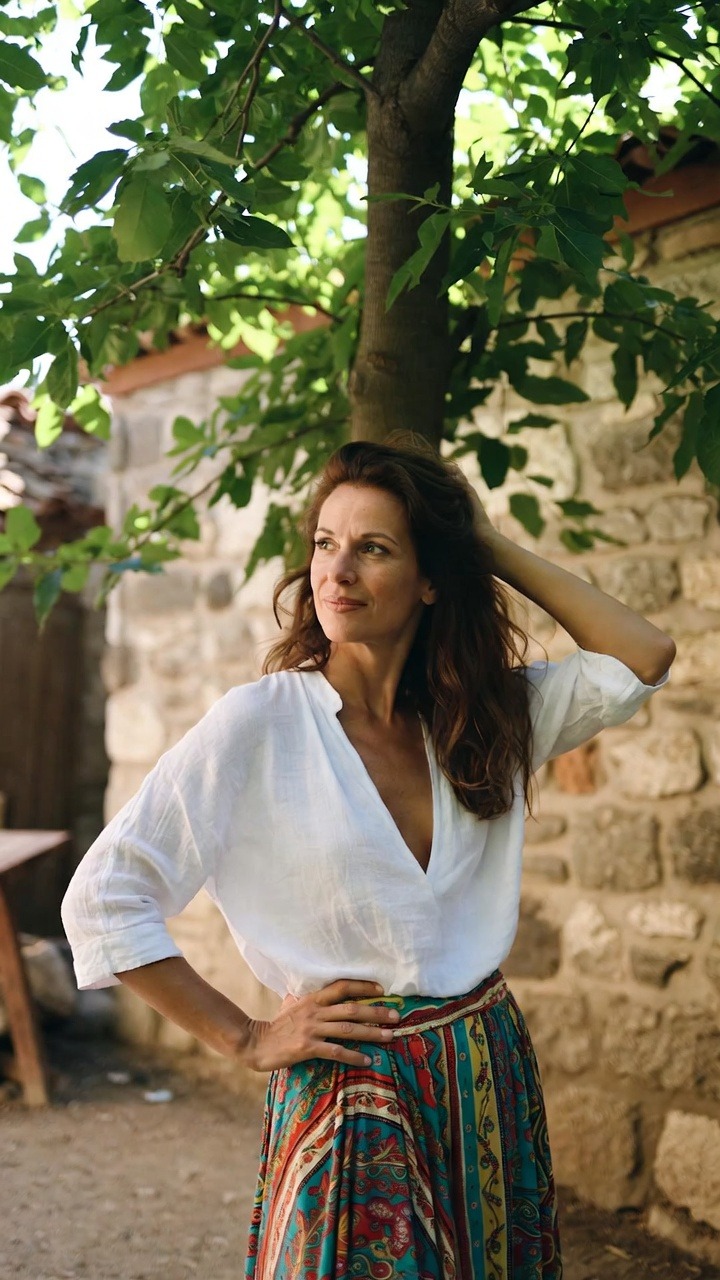 Woman in white shirt by stone wall