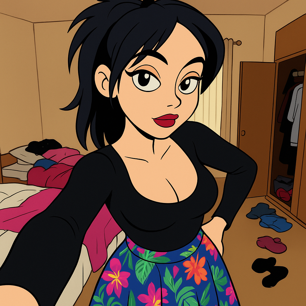 Cartoon woman taking selfie in messy bedroom