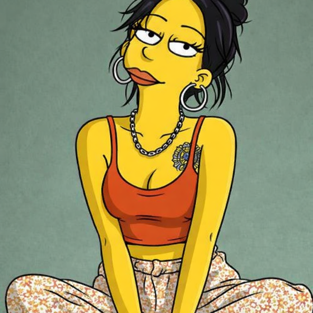 Cartoon woman with hoop earrings and red top