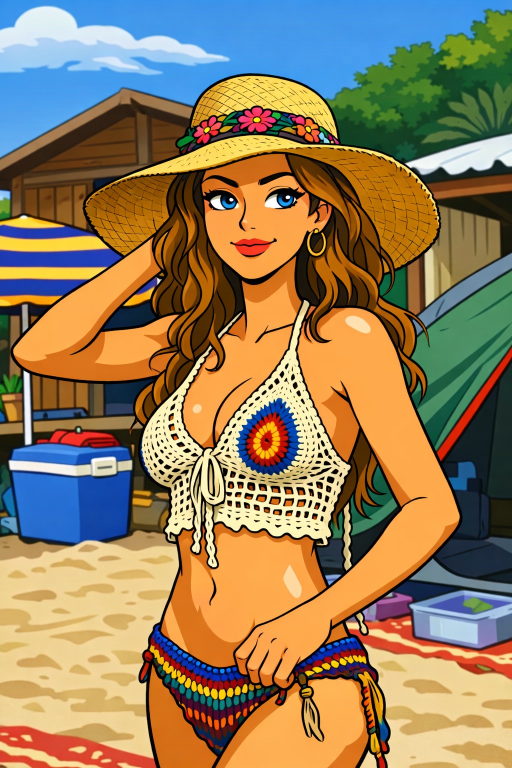 Cartoon woman in crochet bikini at beach campsite