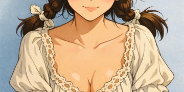 Anime girl with braided pigtails and lace blouse