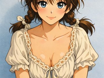 Anime girl with braided pigtails and lace blouse